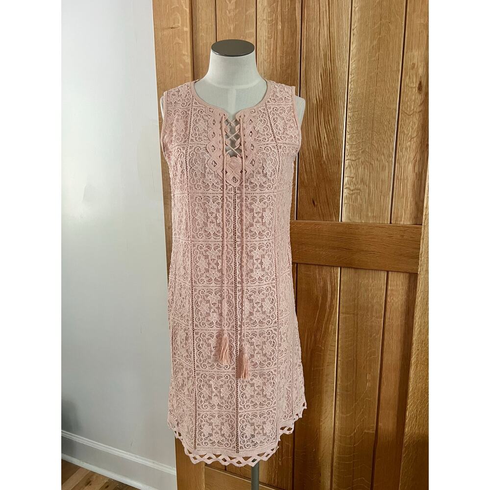 Max Studio Womens Pink Crochet Eyelet Tie Neck Shift Dress Size XS